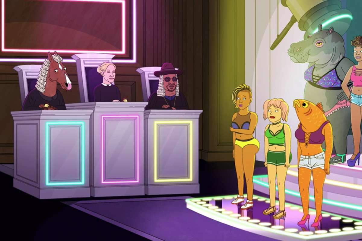 Huffman, BoJack Horseman, and Sir Mix-a-Lot at the judges panel before three contestants