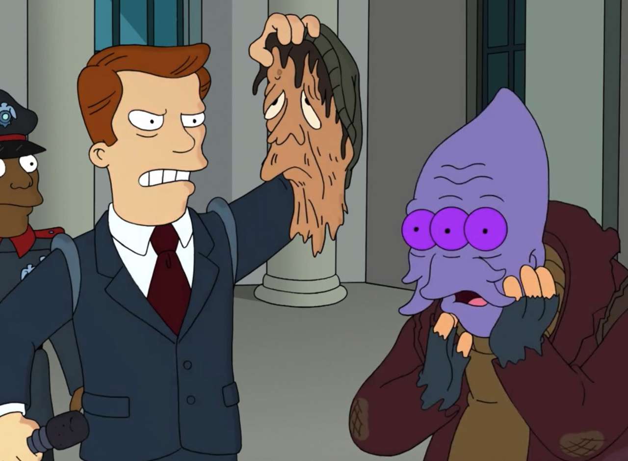 a man holds a droopy human face in his hands and the homeless man is revealed as a three-eyed purple alien
